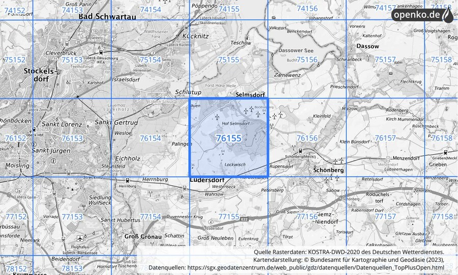 Übersichtskarte des KOSTRA-DWD-2020-Rasterfeldes Nr. 76155