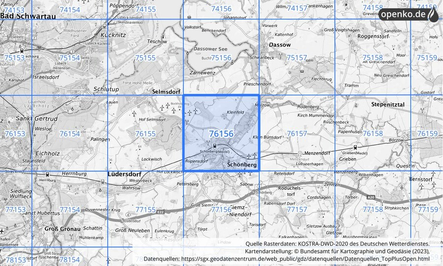 Übersichtskarte des KOSTRA-DWD-2020-Rasterfeldes Nr. 76156