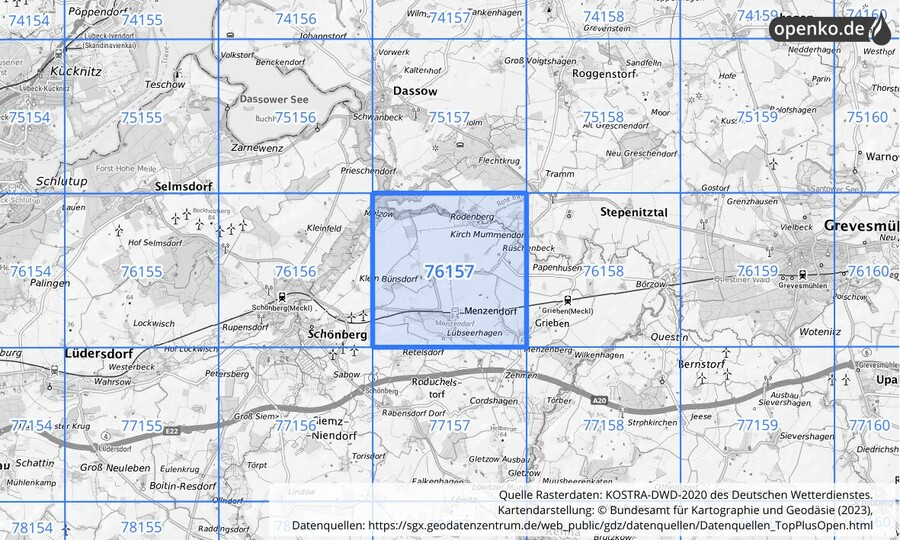 Übersichtskarte des KOSTRA-DWD-2020-Rasterfeldes Nr. 76157