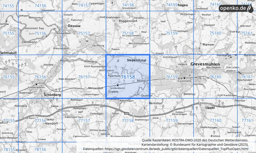 Übersichtskarte des KOSTRA-DWD-2020-Rasterfeldes Nr. 76158