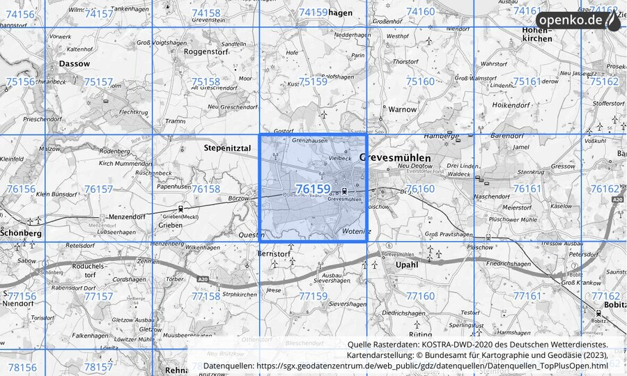 Übersichtskarte des KOSTRA-DWD-2020-Rasterfeldes Nr. 76159