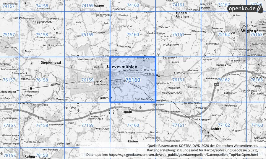 Übersichtskarte des KOSTRA-DWD-2020-Rasterfeldes Nr. 76160
