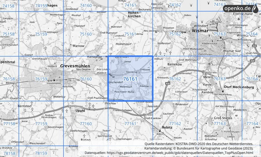 Übersichtskarte des KOSTRA-DWD-2020-Rasterfeldes Nr. 76161