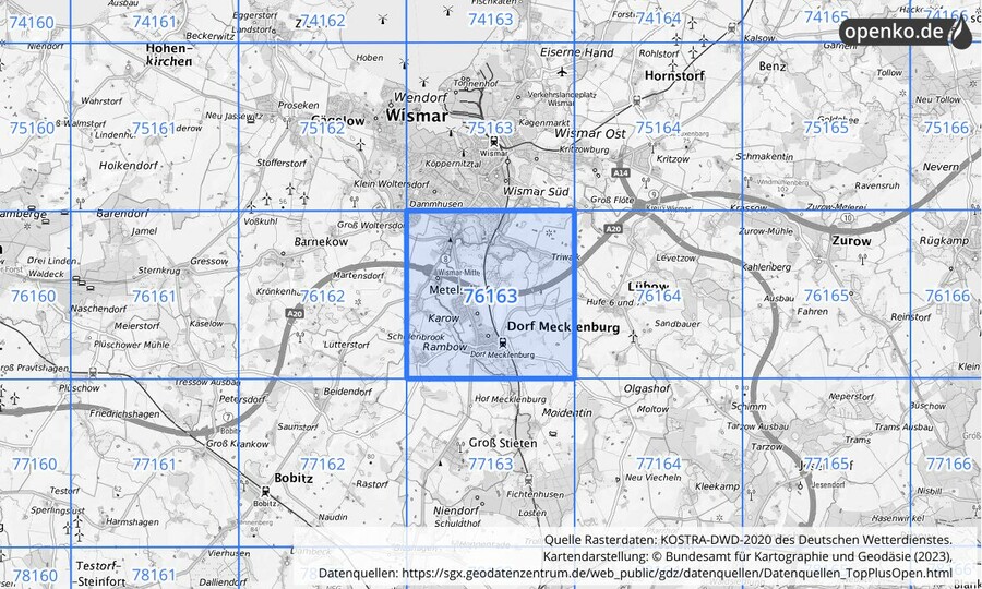 Übersichtskarte des KOSTRA-DWD-2020-Rasterfeldes Nr. 76163