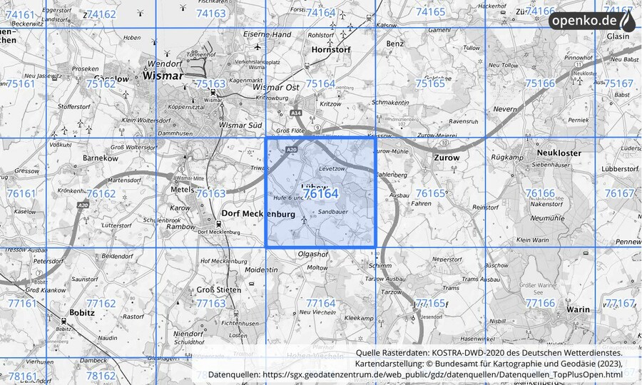 Übersichtskarte des KOSTRA-DWD-2020-Rasterfeldes Nr. 76164