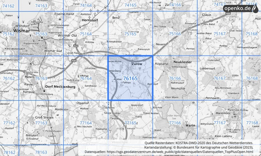 Übersichtskarte des KOSTRA-DWD-2020-Rasterfeldes Nr. 76165