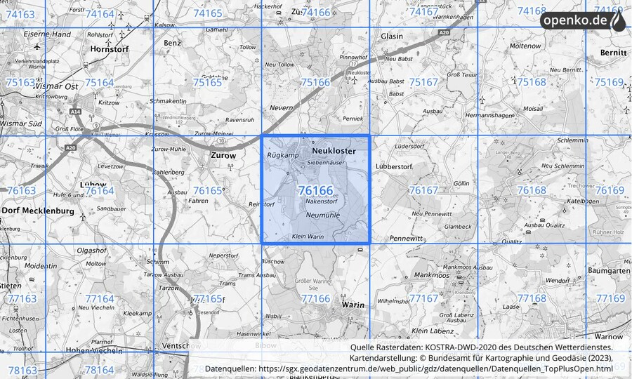 Übersichtskarte des KOSTRA-DWD-2020-Rasterfeldes Nr. 76166