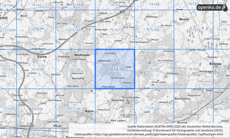 Übersichtskarte des KOSTRA-DWD-2020-Rasterfeldes Nr. 76167