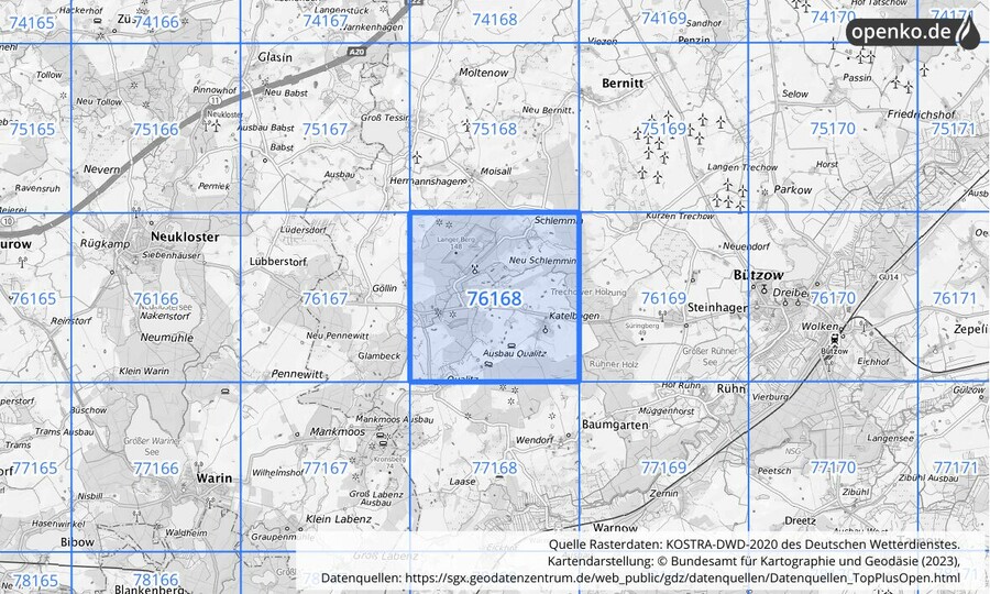 Übersichtskarte des KOSTRA-DWD-2020-Rasterfeldes Nr. 76168