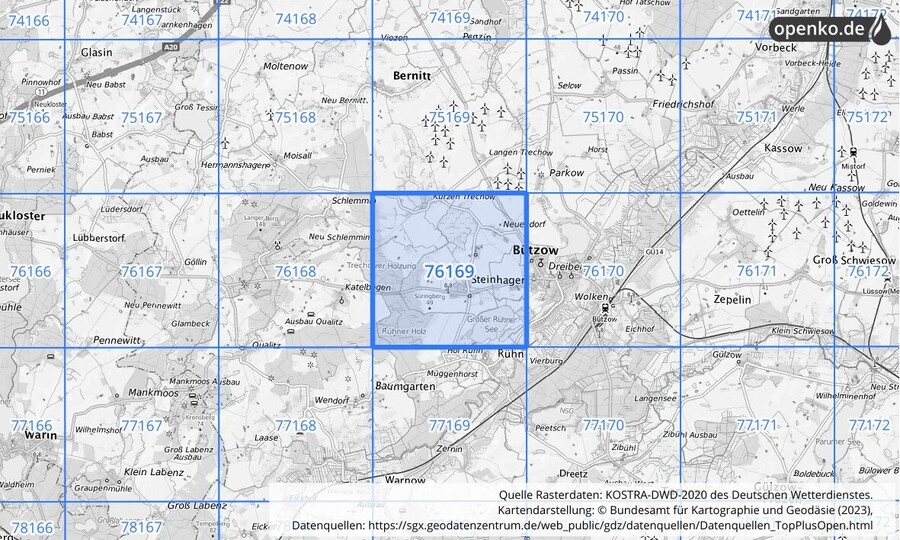 Übersichtskarte des KOSTRA-DWD-2020-Rasterfeldes Nr. 76169