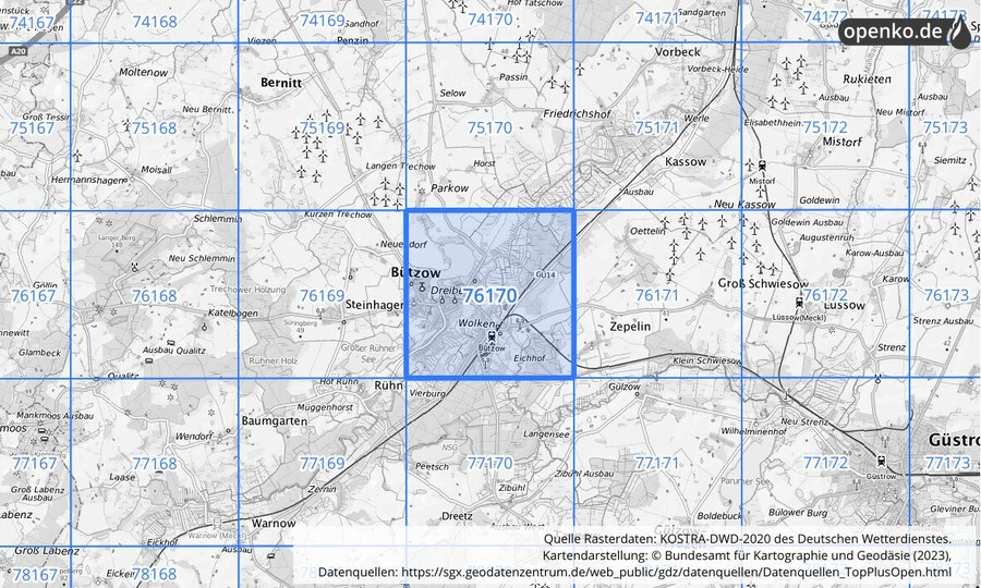 Übersichtskarte des KOSTRA-DWD-2020-Rasterfeldes Nr. 76170