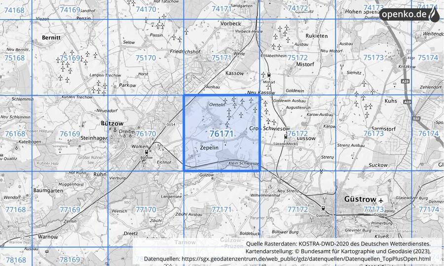 Übersichtskarte des KOSTRA-DWD-2020-Rasterfeldes Nr. 76171