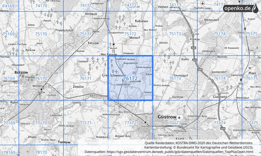 Übersichtskarte des KOSTRA-DWD-2020-Rasterfeldes Nr. 76172