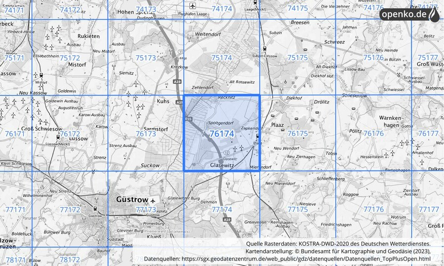 Übersichtskarte des KOSTRA-DWD-2020-Rasterfeldes Nr. 76174