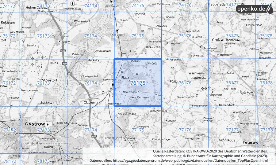 Übersichtskarte des KOSTRA-DWD-2020-Rasterfeldes Nr. 76175
