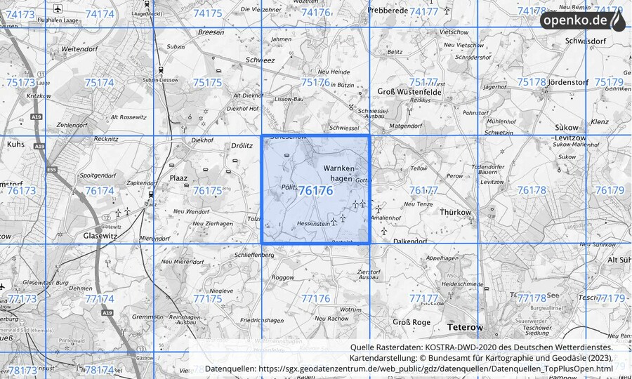 Übersichtskarte des KOSTRA-DWD-2020-Rasterfeldes Nr. 76176