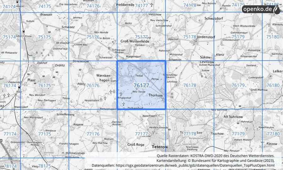 Übersichtskarte des KOSTRA-DWD-2020-Rasterfeldes Nr. 76177
