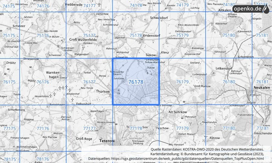 Übersichtskarte des KOSTRA-DWD-2020-Rasterfeldes Nr. 76178