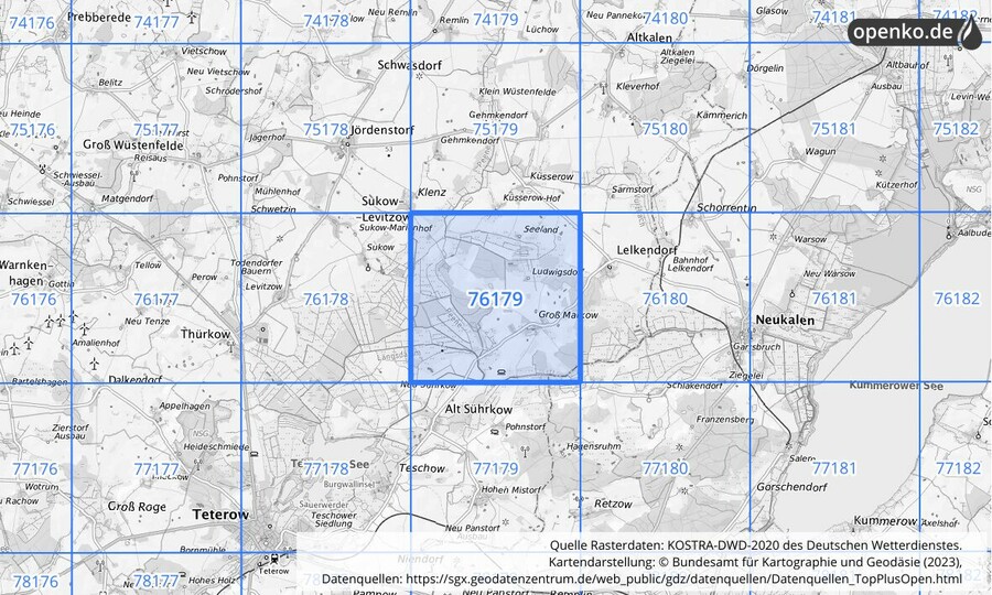 Übersichtskarte des KOSTRA-DWD-2020-Rasterfeldes Nr. 76179