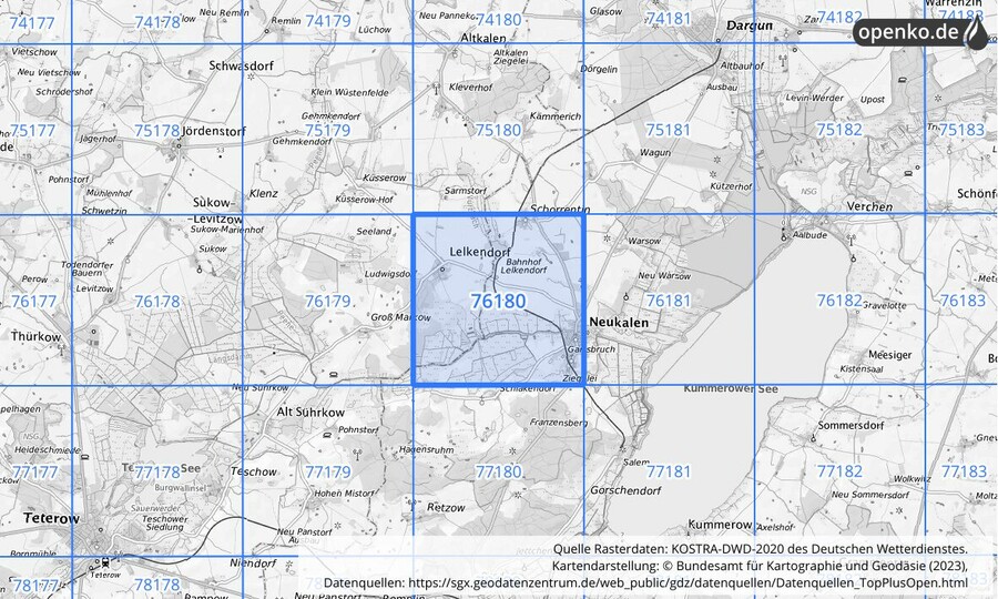Übersichtskarte des KOSTRA-DWD-2020-Rasterfeldes Nr. 76180