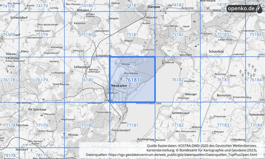 Übersichtskarte des KOSTRA-DWD-2020-Rasterfeldes Nr. 76181