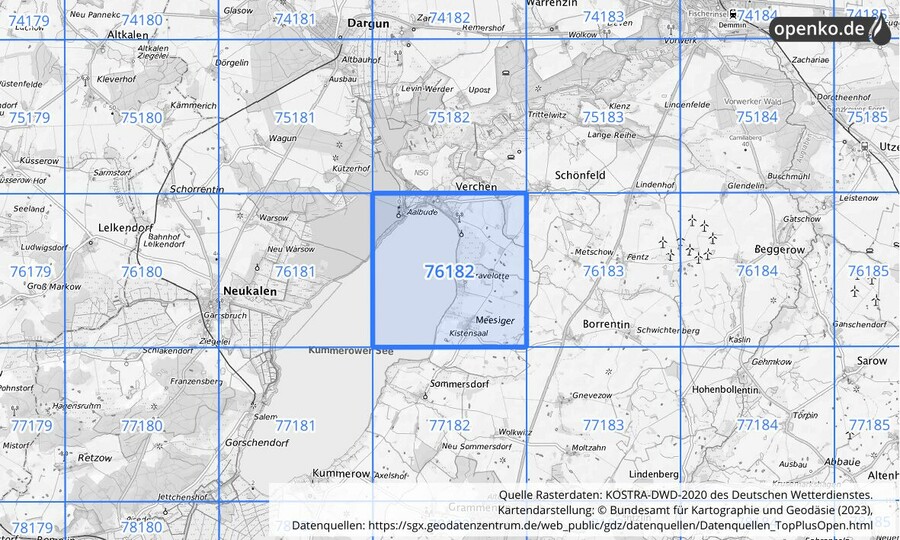 Übersichtskarte des KOSTRA-DWD-2020-Rasterfeldes Nr. 76182