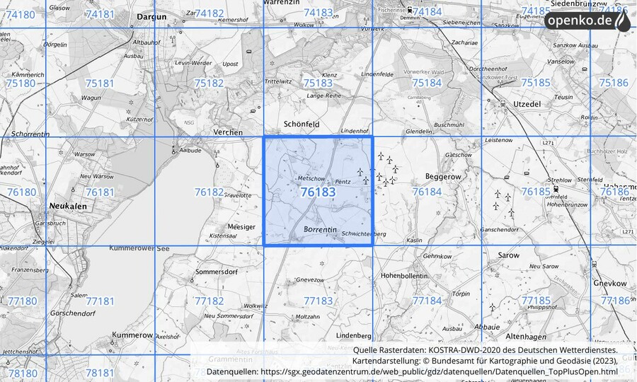 Übersichtskarte des KOSTRA-DWD-2020-Rasterfeldes Nr. 76183