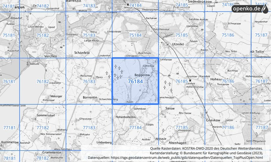 Übersichtskarte des KOSTRA-DWD-2020-Rasterfeldes Nr. 76184