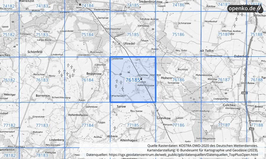 Übersichtskarte des KOSTRA-DWD-2020-Rasterfeldes Nr. 76185