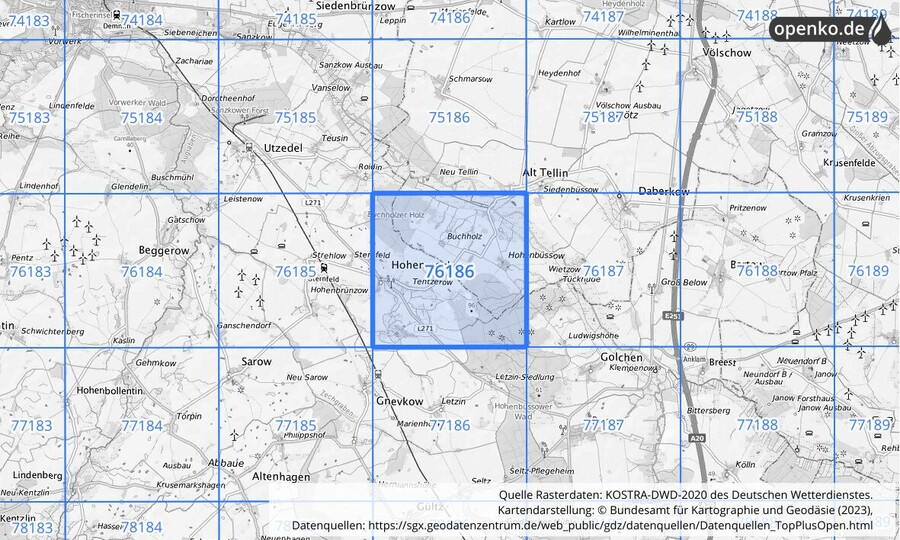 Übersichtskarte des KOSTRA-DWD-2020-Rasterfeldes Nr. 76186