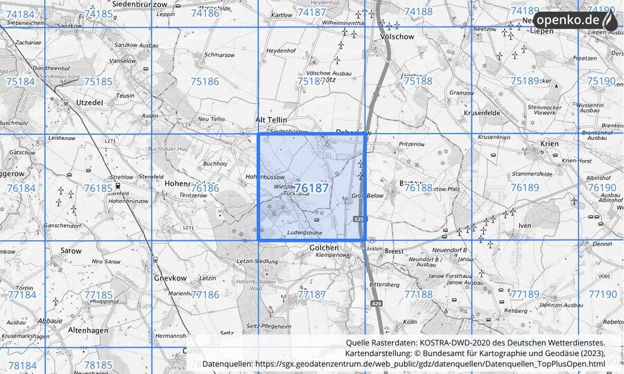 Übersichtskarte des KOSTRA-DWD-2020-Rasterfeldes Nr. 76187