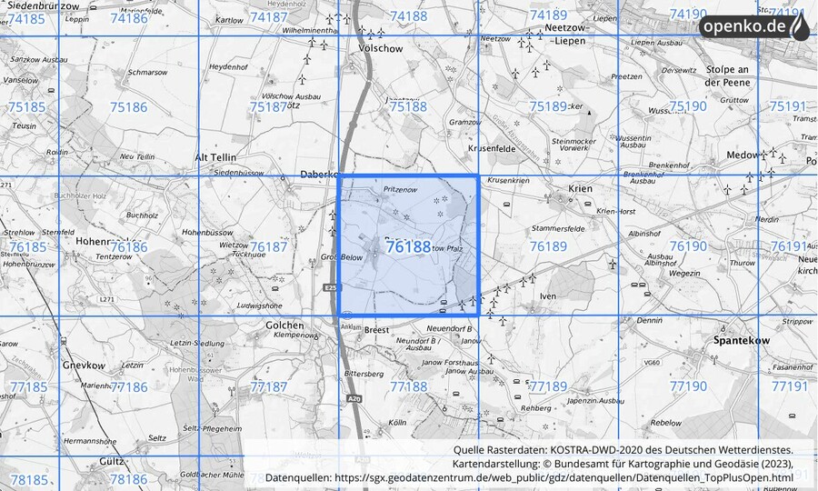 Übersichtskarte des KOSTRA-DWD-2020-Rasterfeldes Nr. 76188
