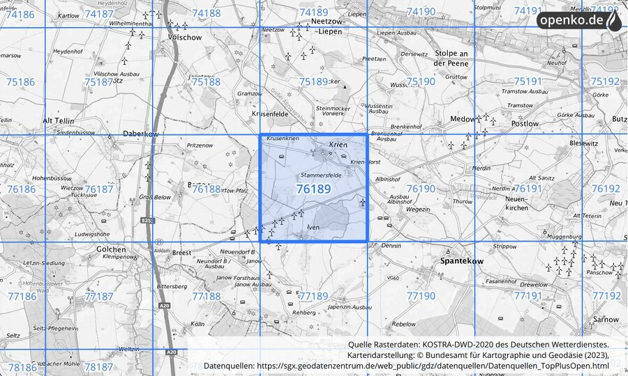 Übersichtskarte des KOSTRA-DWD-2020-Rasterfeldes Nr. 76189