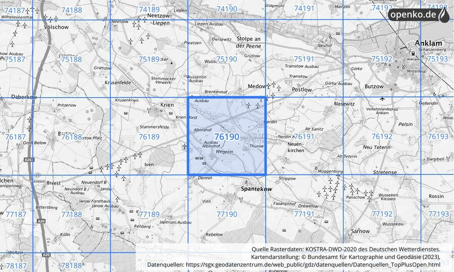 Übersichtskarte des KOSTRA-DWD-2020-Rasterfeldes Nr. 76190