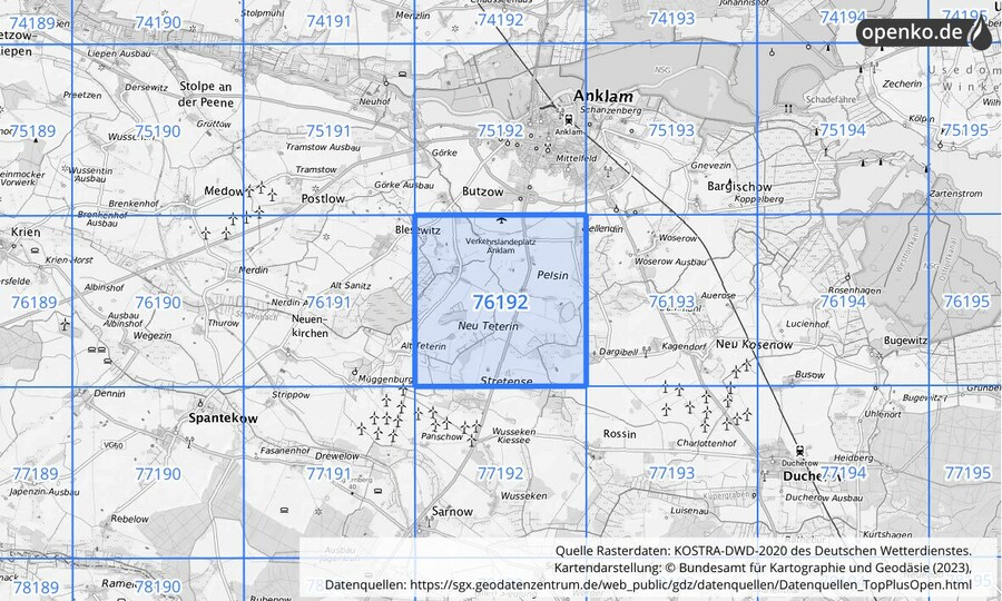 Übersichtskarte des KOSTRA-DWD-2020-Rasterfeldes Nr. 76192