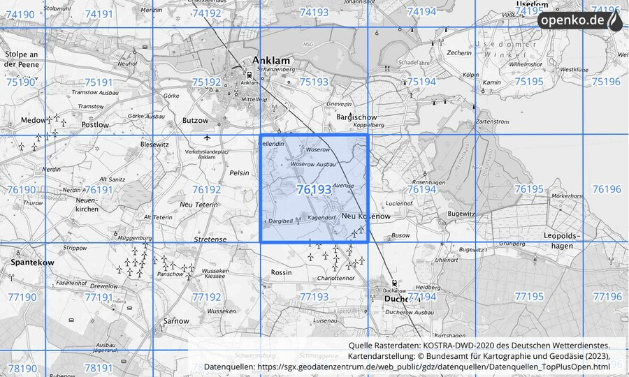 Übersichtskarte des KOSTRA-DWD-2020-Rasterfeldes Nr. 76193