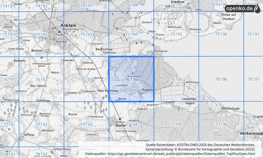 Übersichtskarte des KOSTRA-DWD-2020-Rasterfeldes Nr. 76194