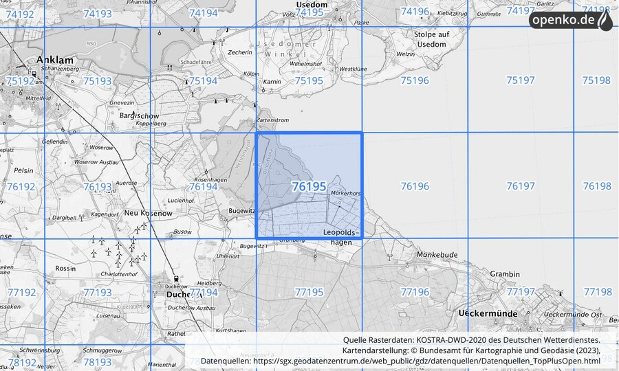 Übersichtskarte des KOSTRA-DWD-2020-Rasterfeldes Nr. 76195