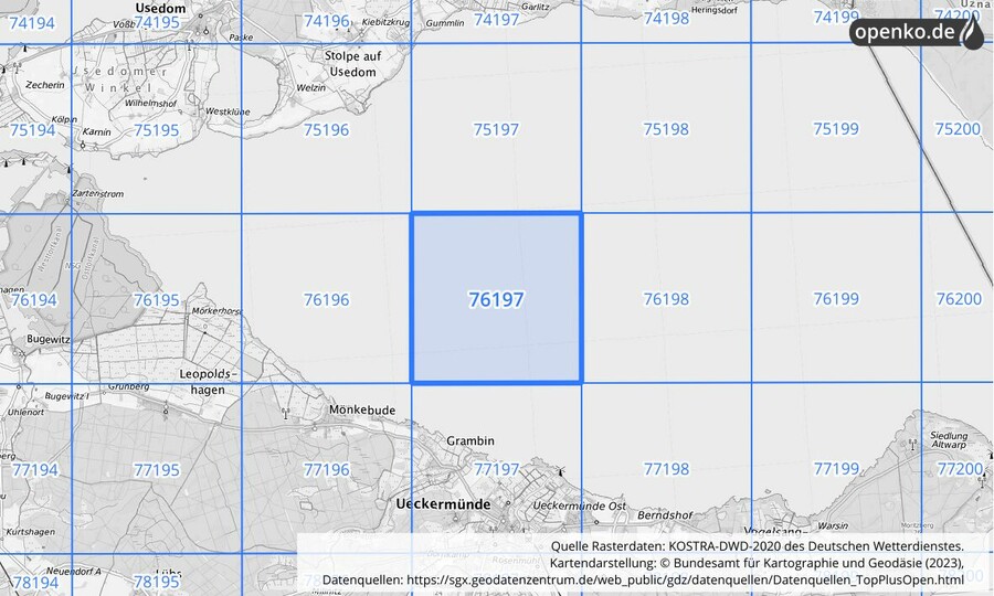 Übersichtskarte des KOSTRA-DWD-2020-Rasterfeldes Nr. 76197