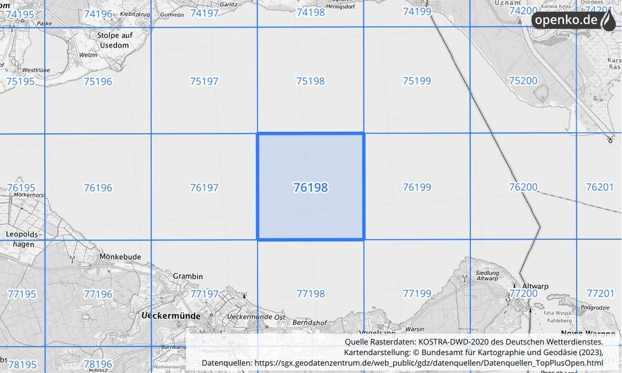 Übersichtskarte des KOSTRA-DWD-2020-Rasterfeldes Nr. 76198