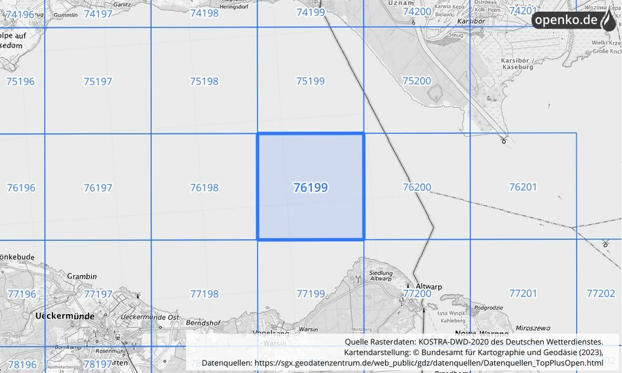 Übersichtskarte des KOSTRA-DWD-2020-Rasterfeldes Nr. 76199