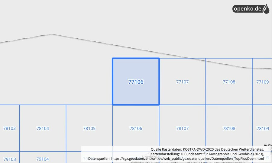 Übersichtskarte des KOSTRA-DWD-2020-Rasterfeldes Nr. 77106