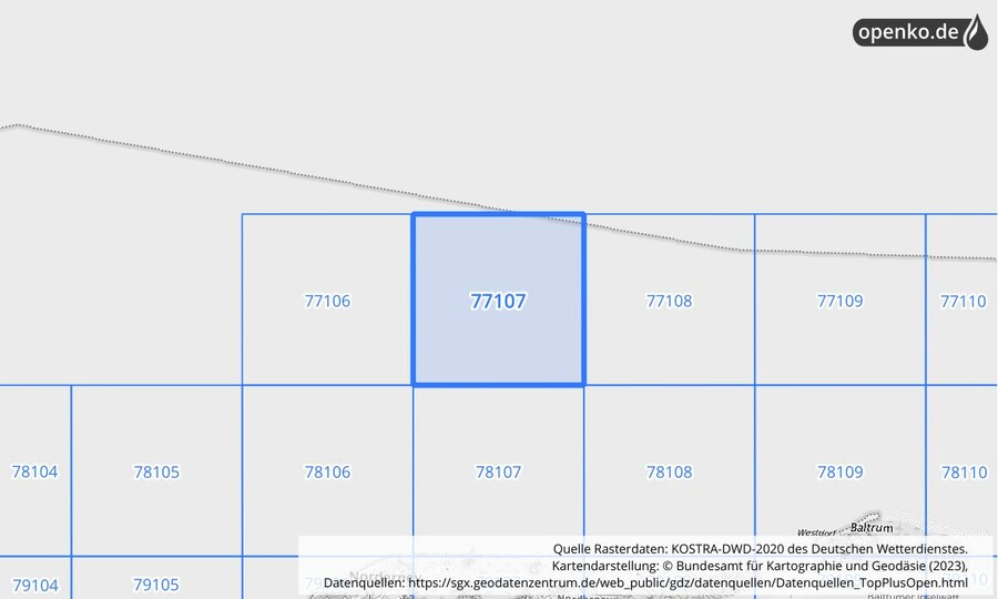 Übersichtskarte des KOSTRA-DWD-2020-Rasterfeldes Nr. 77107