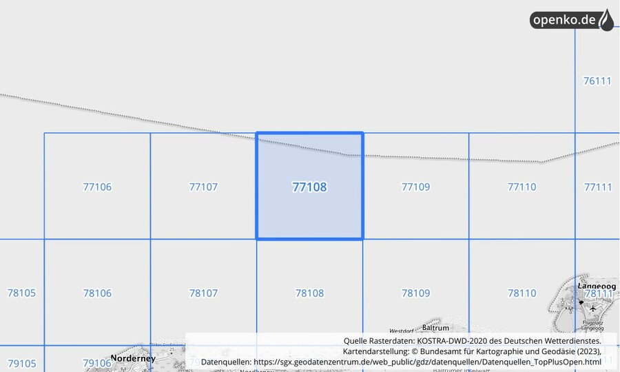 Übersichtskarte des KOSTRA-DWD-2020-Rasterfeldes Nr. 77108