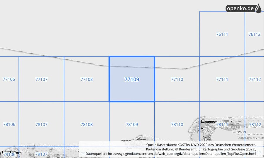 Übersichtskarte des KOSTRA-DWD-2020-Rasterfeldes Nr. 77109