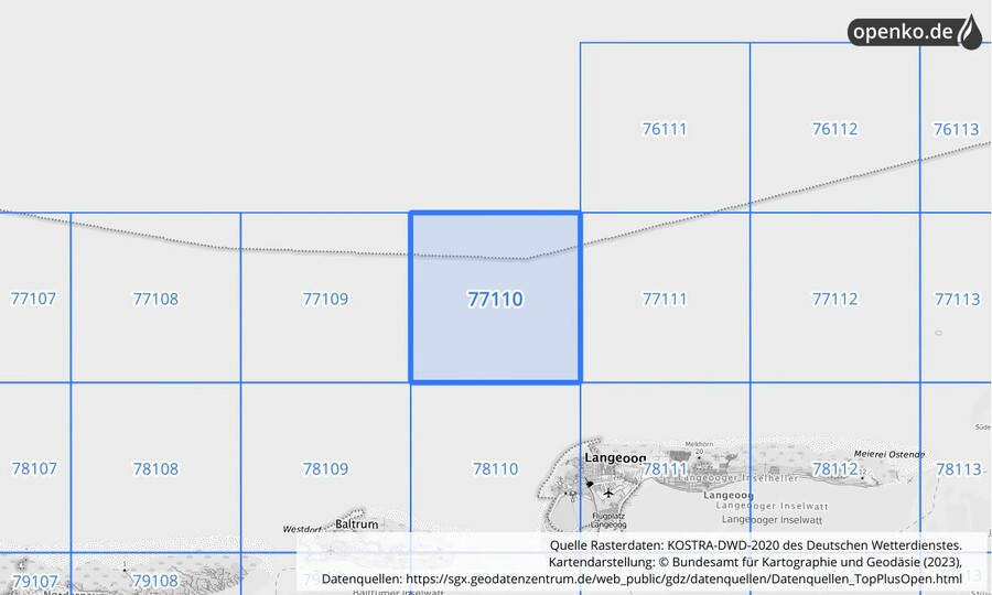 Übersichtskarte des KOSTRA-DWD-2020-Rasterfeldes Nr. 77110