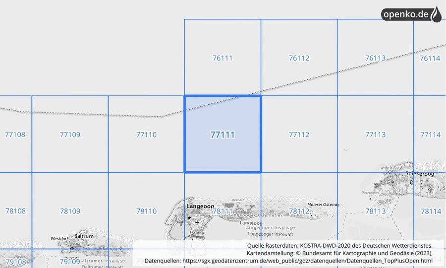 Übersichtskarte des KOSTRA-DWD-2020-Rasterfeldes Nr. 77111