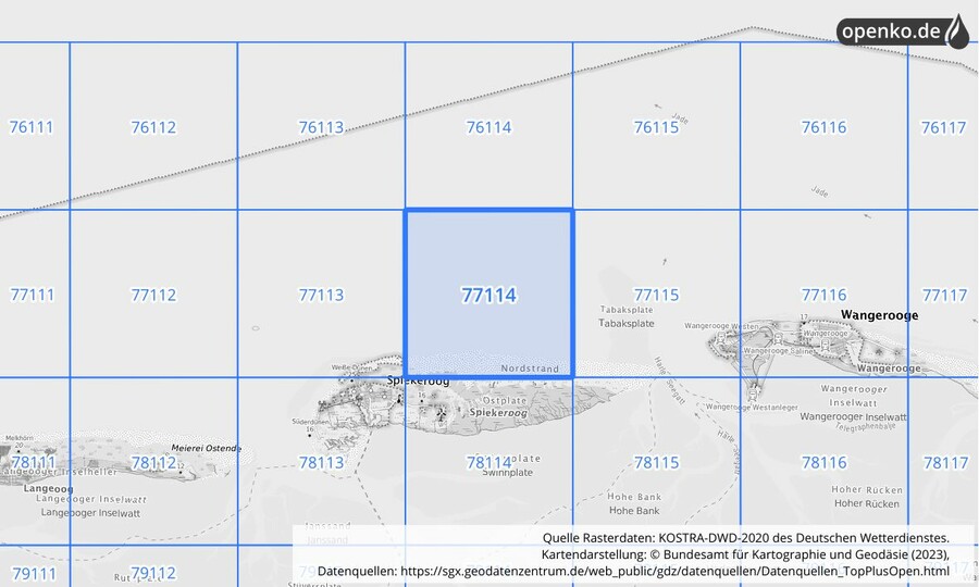 Übersichtskarte des KOSTRA-DWD-2020-Rasterfeldes Nr. 77114