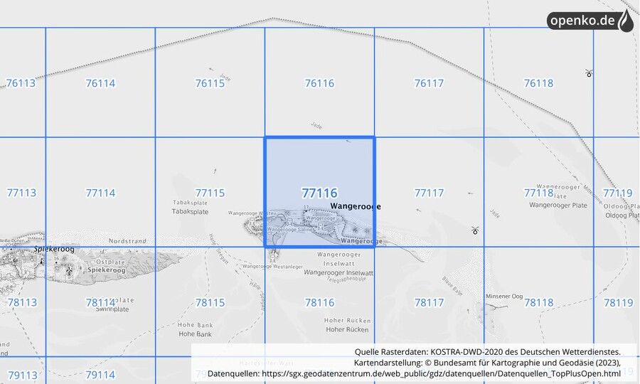 Übersichtskarte des KOSTRA-DWD-2020-Rasterfeldes Nr. 77116