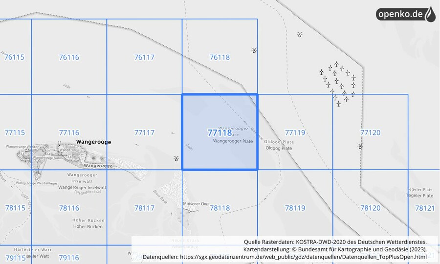 Übersichtskarte des KOSTRA-DWD-2020-Rasterfeldes Nr. 77118